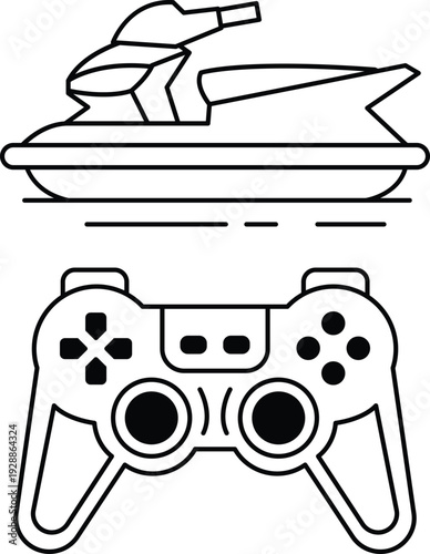 A black and white drawing of a video game controller and a jet ski