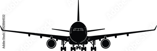 Airplane front view silhouette illustration, commercial jet graphic, aviation design artwork, passenger aircraft vector, airport travel icon elements