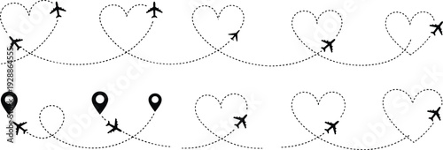 Airplane heart flight path vector illustration set, travel romance icons, aviation love artwork, decorative journey motif, connection inspired graphic designs