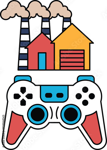 A black and white drawing of a video game controller with a factory