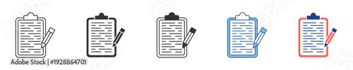 Essential vector line icons featuring a clipboard with a checklist and pencil, perfect for task management, daily planning, surveys, and report documentation