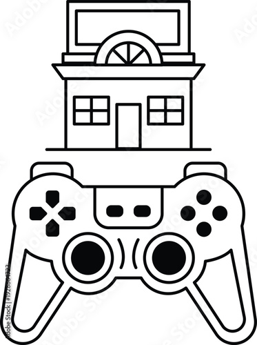 A video game controller is on top of a house and a building