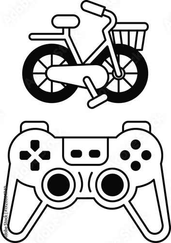 A black and white drawing of a bicycle and a video game controller