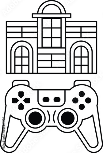 A black and white drawing of a video game controller and a building