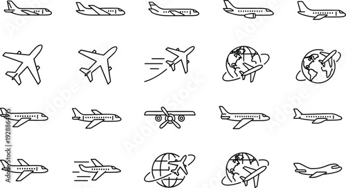 Airplane icons, aviation travel symbols, jet aircraft graphics, flying planes, global connectivity, passenger tourism, airport departure arrival vector illustration