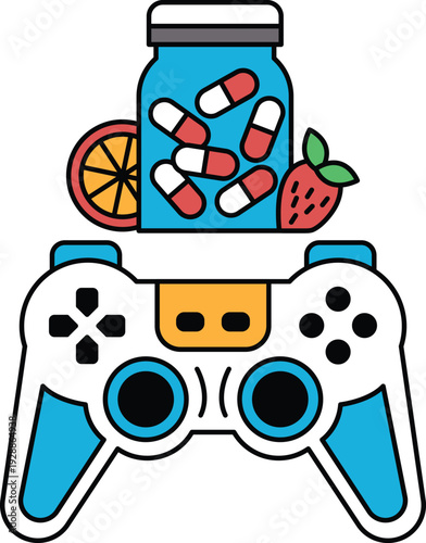 A black and white drawing of a video game controller with a bottle of pills