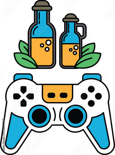 A black and white image of a video game controller with two bottles of liquid on