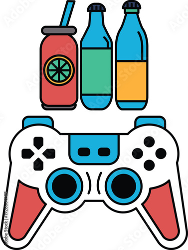 A black and white drawing of a video game controller with a drink