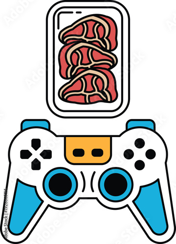 A black and white image of a video game controller with a piece of meat on top o