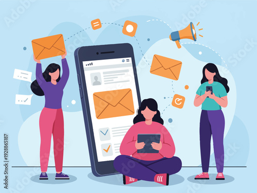 Three young women using mobile phone and tablet to communicate and send emails with icons and notifications on blue background