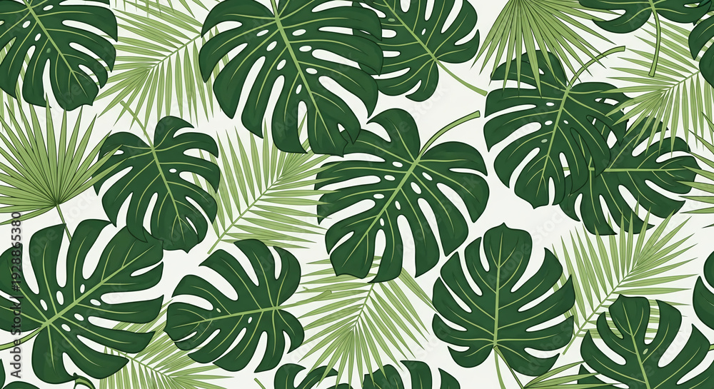 Fototapeta premium Seamless tropical pattern with monstera and palm leaves a vibrant green botanical background for summer designs and exotic decor