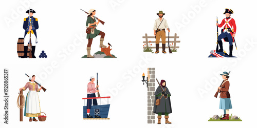 Historical Figures with Firearms: Revolutionary War Soldiers, Militiamen, Frontierswomen, and Settlers Vector Collection