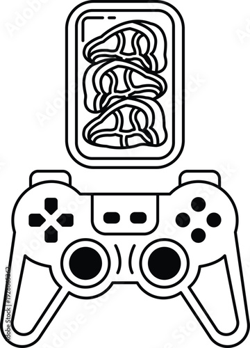 A black and white image of a video game controller with a piece of meat on top o