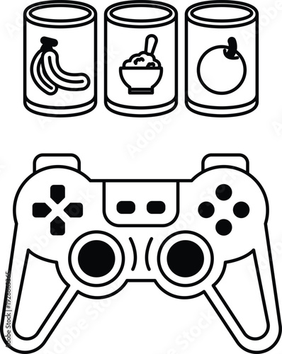 A black and white image of a video game controller with a banana, a can of soup