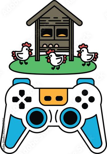A black and white drawing of a video game controller with a chicken