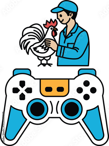 A man holding a chicken in front of a video game controller