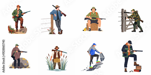 Collection of diverse hunters with shotguns in various outdoor settings, illustrating different hunting scenarios, gear, and attire for outdoor sports and recreation.