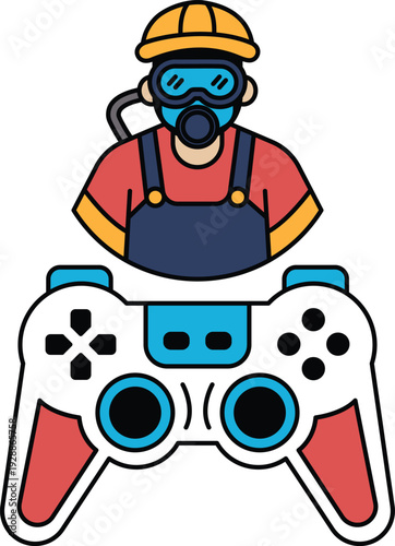 A man in a hard hat and goggles is holding a video game controller