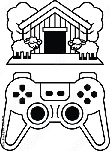 A black and white image of a video game controller and a sheep