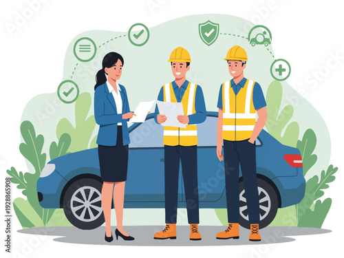 Woman and two men in safety gear standing next to blue car with green icons