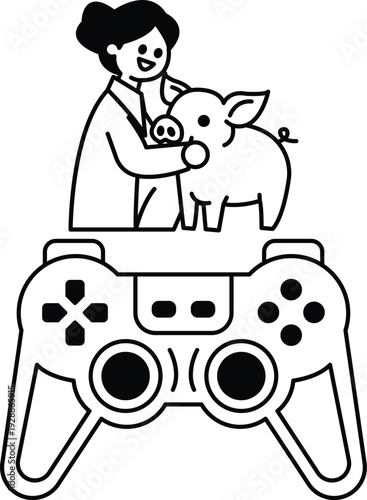 A woman is holding a pig and a video game controller