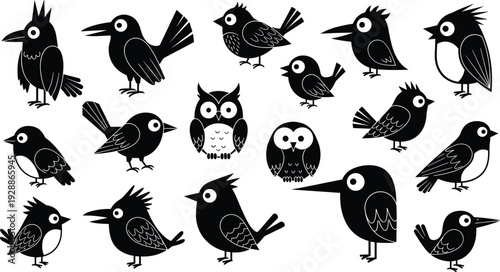 Stylized bird vector illustration collection, black and white avian artwork, decorative wildlife icons, diverse feather designs, artistic nature inspired motifs