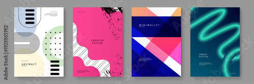 A diverse set of four abstract posters featuring neo-memphis geometry pink grunge textures bold colorful triangles and 3D liquid shapes