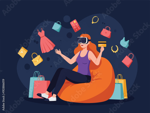 Woman sitting on bean bag chair wearing virtual reality headset and shopping online with credit card surrounded by floating shopping bags and clothes