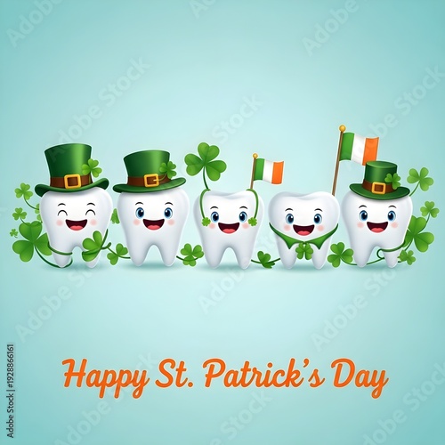 Happy st patrick's day smiling teeth wearing green hats and shamrocks