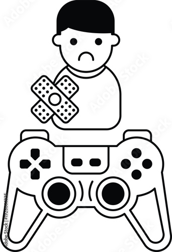 A boy is holding a game controller with a bandaged hand