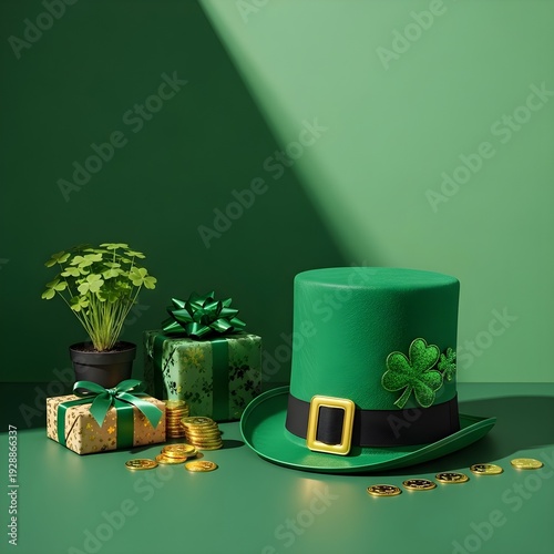 St patrick's day celebration with green hat shamrock and gold coins