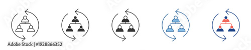 Illustrative icon set depicting a dynamic organizational hierarchy, symbolizing a continuous workflow, iterative process, and team rotation concept for business management