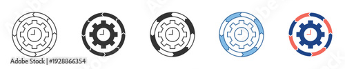 Diverse icon set depicting efficient process management with a gear and timer, symbolizing workflow optimization, settings, and continuous improvement for enhanced productivity
