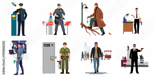 Flat design illustrations depicting security, law enforcement, investigation, and cyber specialists engaged in various scenarios of crime, protection, and surveillance.