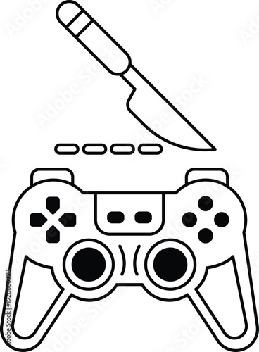 A black and white image of a video game controller with a knife on top of it