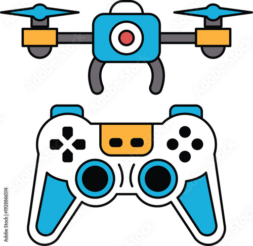 A black and white drawing of a video game controller and a drone