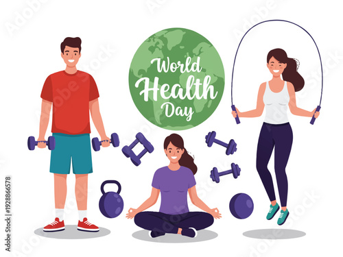 World Health Day illustration of people exercising with dumbbells jump rope and yoga  promoting fitness and wellness