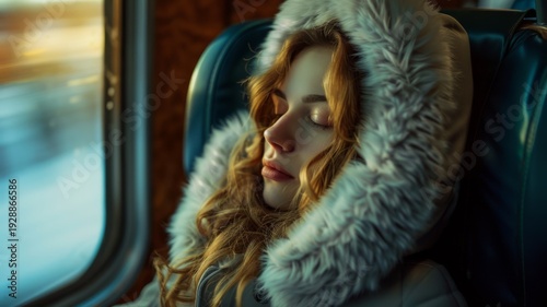 Woman wearing a fur hood sleeping on a train with golden hour light streaming through the window.