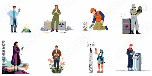Diverse professionals engaging in detection, monitoring, and measurement activities across various scientific, industrial, and environmental settings with specialized equipment.