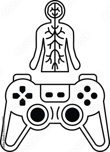 A black and white drawing of a video game controller and a skeleton