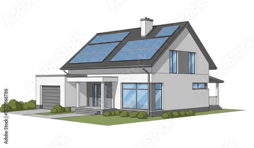 A modern house with solar panels on its roof and a green lawn