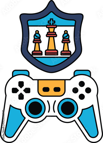 A black and white image of a video game controller with a shield