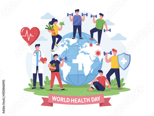 World Health Day illustration with people exercising and healthy living around the globe  promoting wellness and fitness
