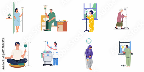 Diverse patients receiving intravenous therapy for recovery and medical treatment, alongside a nurse preparing infusions, illustrating modern healthcare and home care.
