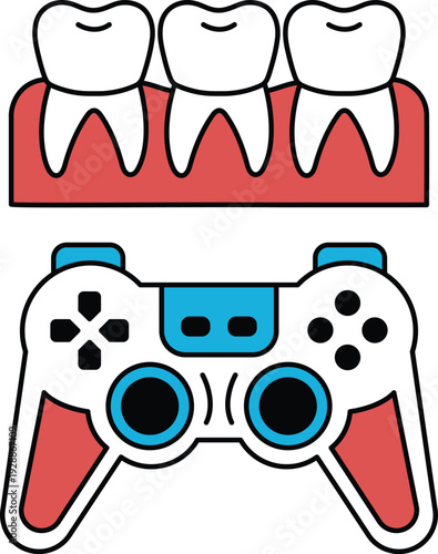 A black and white image of a video game controller and three teeth