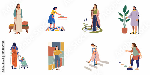 Illustrations of women using crutches and canes for mobility and recovery, showcasing daily life, physical therapy, and overcoming challenges with assistive devices.