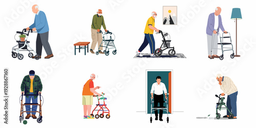 Collection of diverse elderly individuals using various walkers and rollators, depicting active senior lifestyles and mobility assistance.