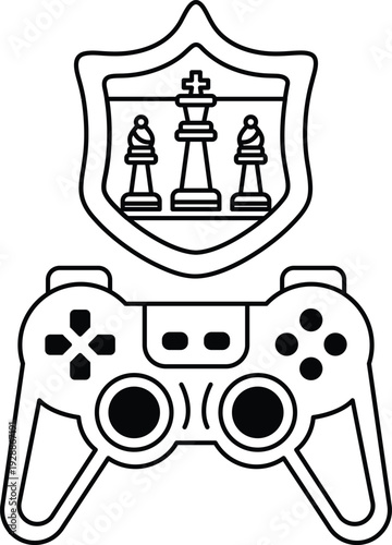 A black and white image of a video game controller with a shield