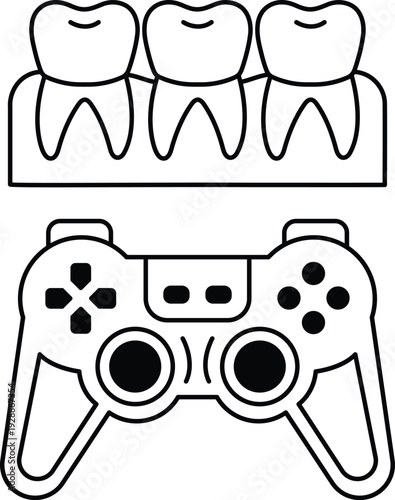 A black and white image of a video game controller and three teeth