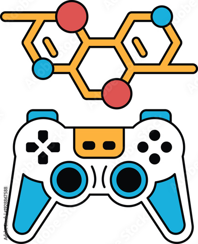 A black and white image of a video game controller with a molecule on the side